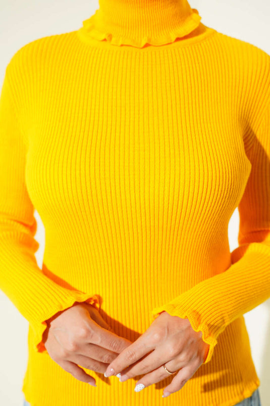 Balıkçı Yaka Fırfırlı Triko Kazak Sarı