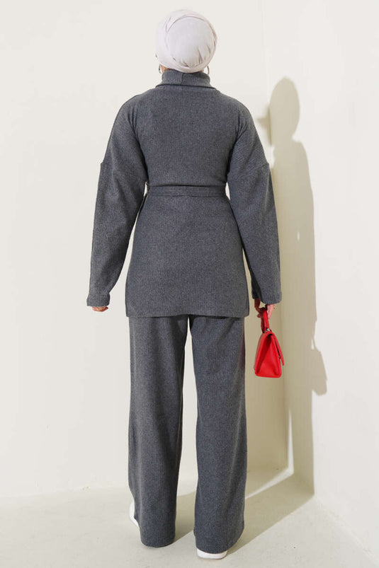 Turtleneck Ribbed Belted Two Piece Suit Smoke