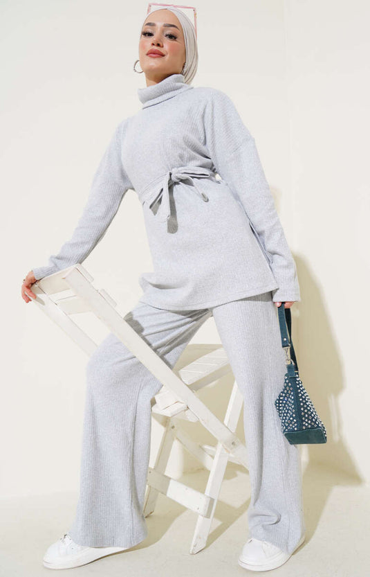 Turtleneck Ribbed Belted Two Piece Suit Gray
