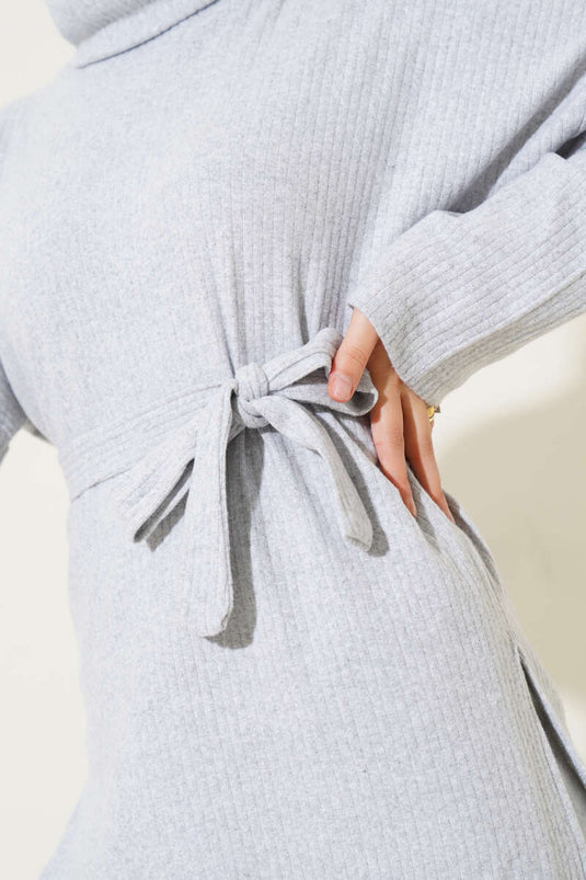 Turtleneck Ribbed Belted Two Piece Suit Gray