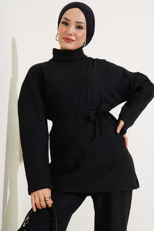 Ensemble deux pièces noir à col roulé côtelé et ceinture