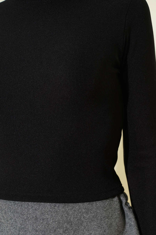 ياقة صياد محززة مع فتحات للأصابع قصيرة ضيقة سوداء