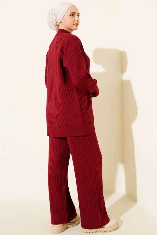 Balıkçı Yaka Fitilli Triko İkili Takım Bordo