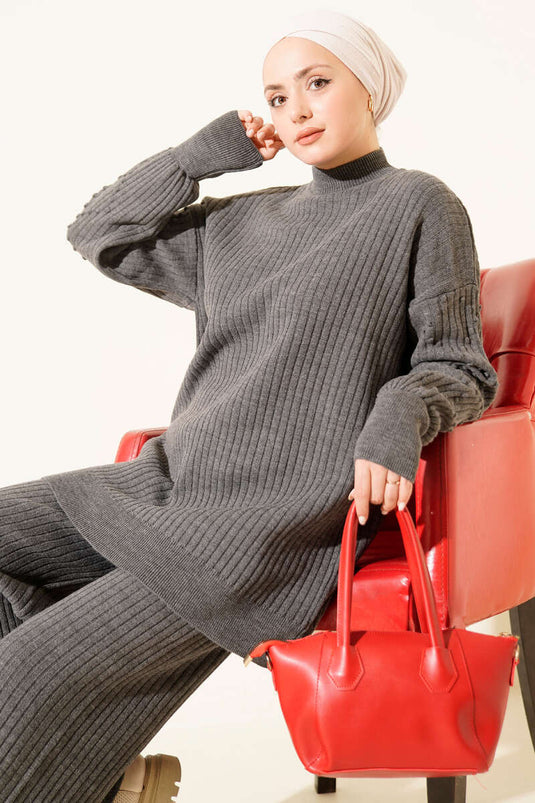 Balıkçı Yaka Fitilli Triko İkili Takım Füme