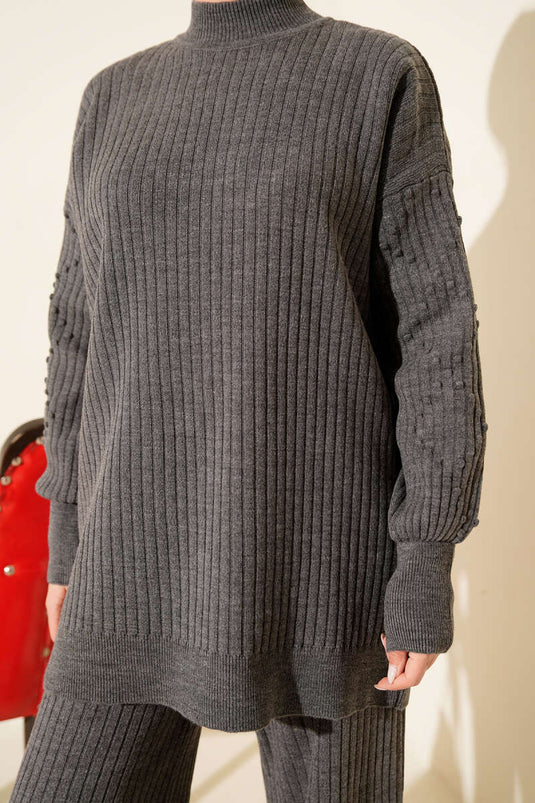 Balıkçı Yaka Fitilli Triko İkili Takım Füme