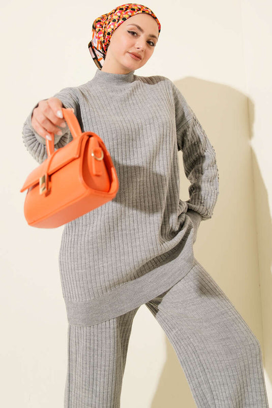 Balıkçı Yaka Fitilli Triko İkili Takım Gri