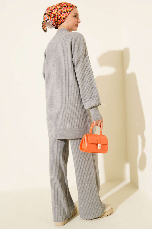 Balıkçı Yaka Fitilli Triko İkili Takım Gri