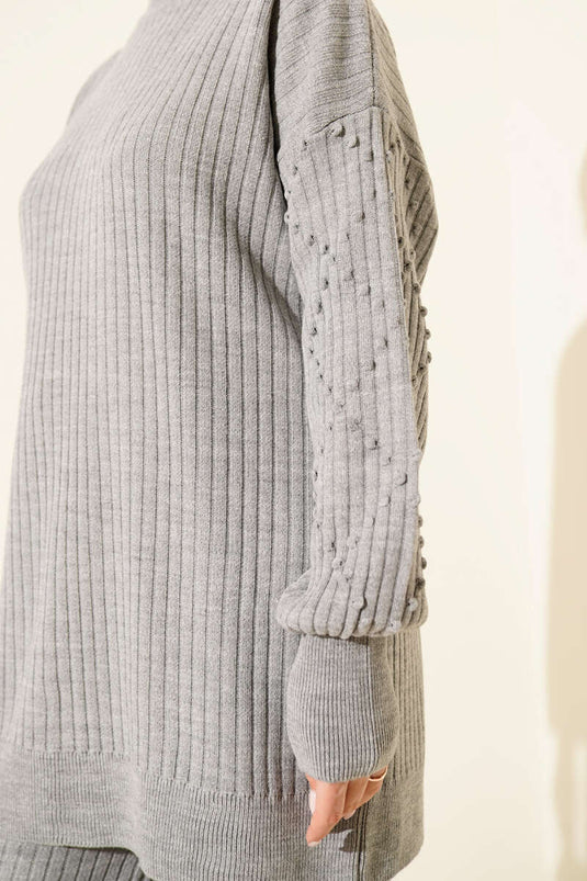 Balıkçı Yaka Fitilli Triko İkili Takım Gri