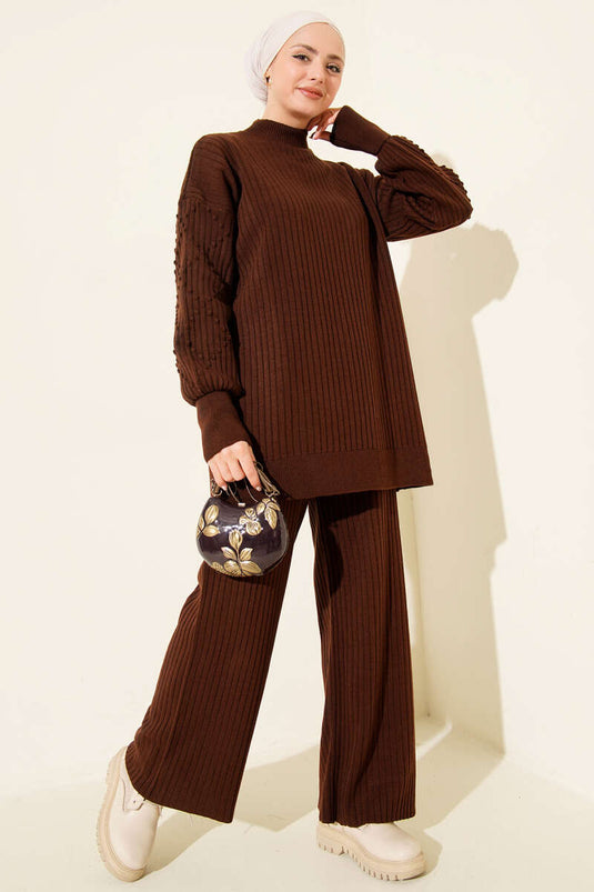 Balıkçı Yaka Fitilli Triko İkili Takım Kahve