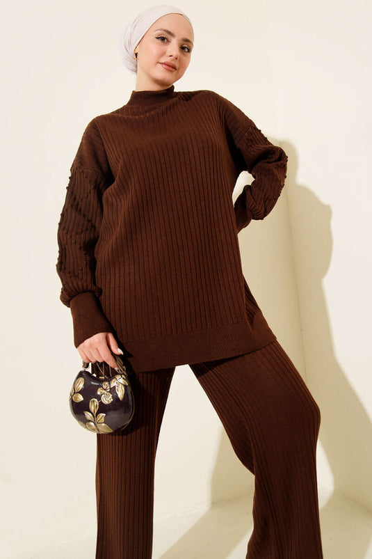 Balıkçı Yaka Fitilli Triko İkili Takım Kahve