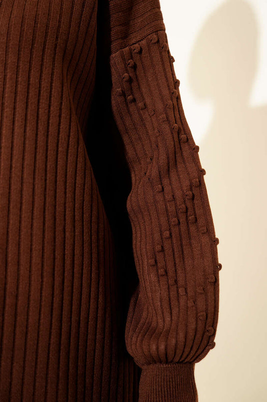 Balıkçı Yaka Fitilli Triko İkili Takım Kahve