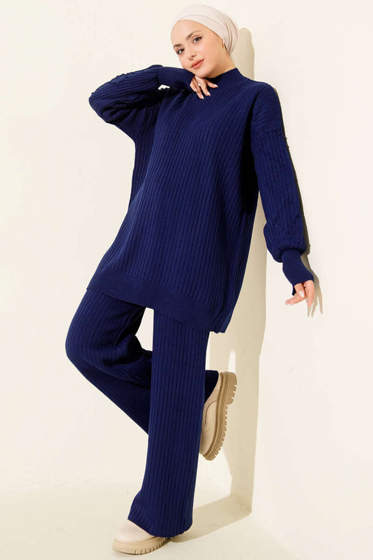 Ensemble De Pull En Maille Côtelée À Col Bateau Bleu Marine