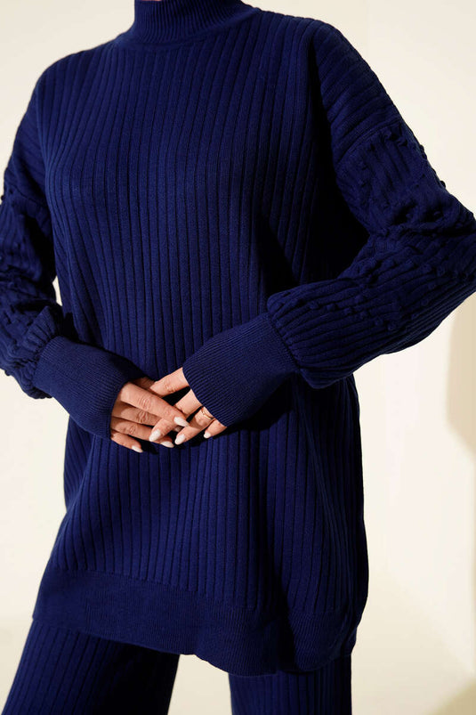Ensemble De Pull En Maille Côtelée À Col Bateau Bleu Marine
