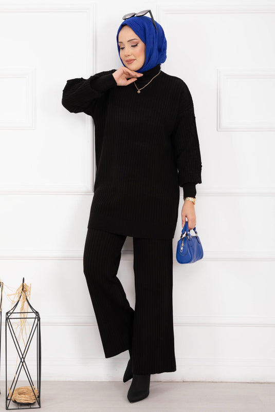 Fisherman Collar Ribbed Knit Two-Piece Set Black
