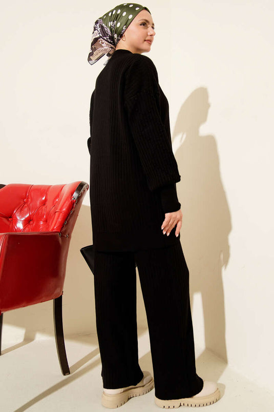 Balıkçı Yaka Fitilli Triko İkili Takım Siyah