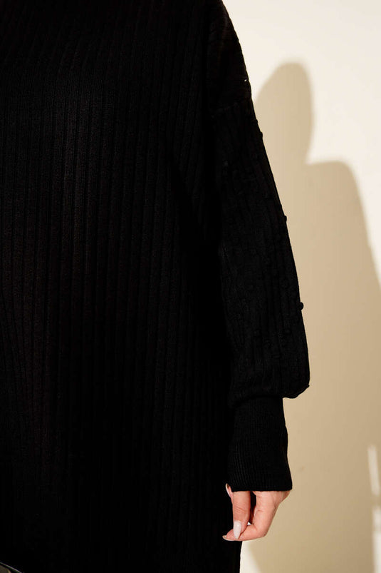 Balıkçı Yaka Fitilli Triko İkili Takım Siyah