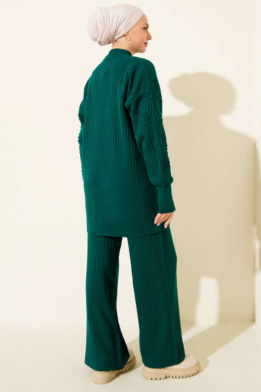Smaragdgroen Ribgebreide Trui Turtleneck Set