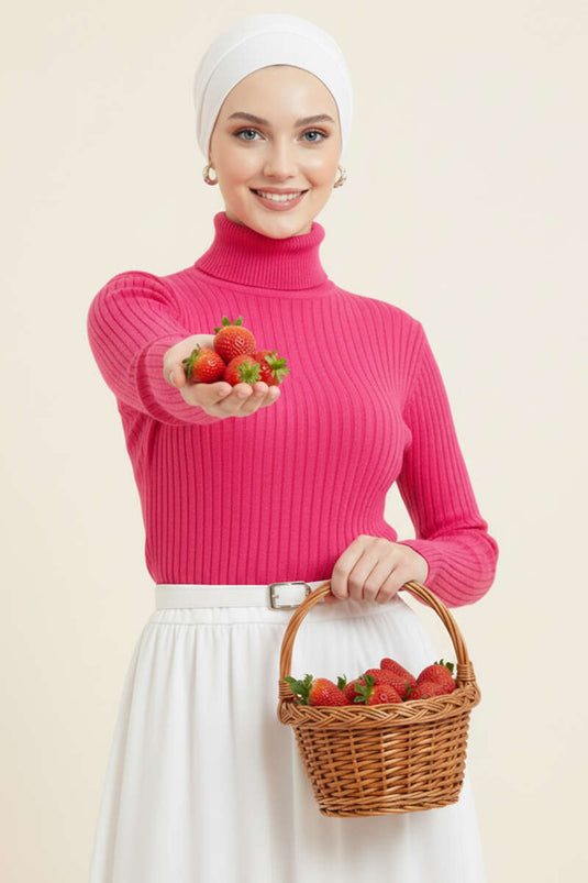 Balıkçı Yaka Fitilli Triko Kazak Pembe