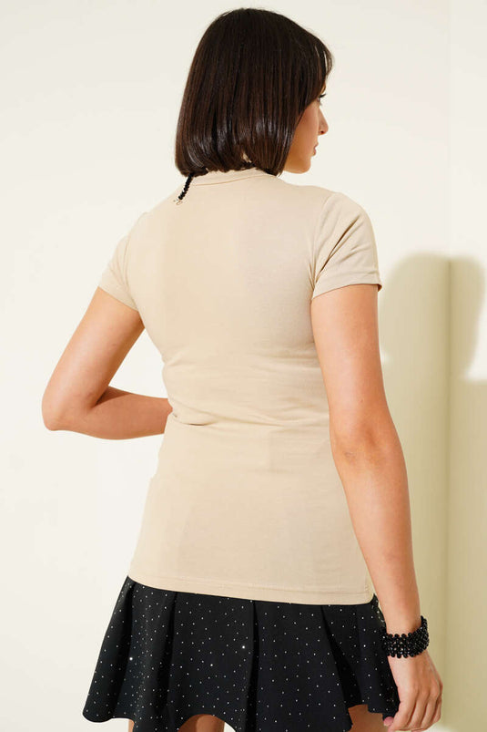 Beige Rollkragen-Body mit kurzen Ärmeln