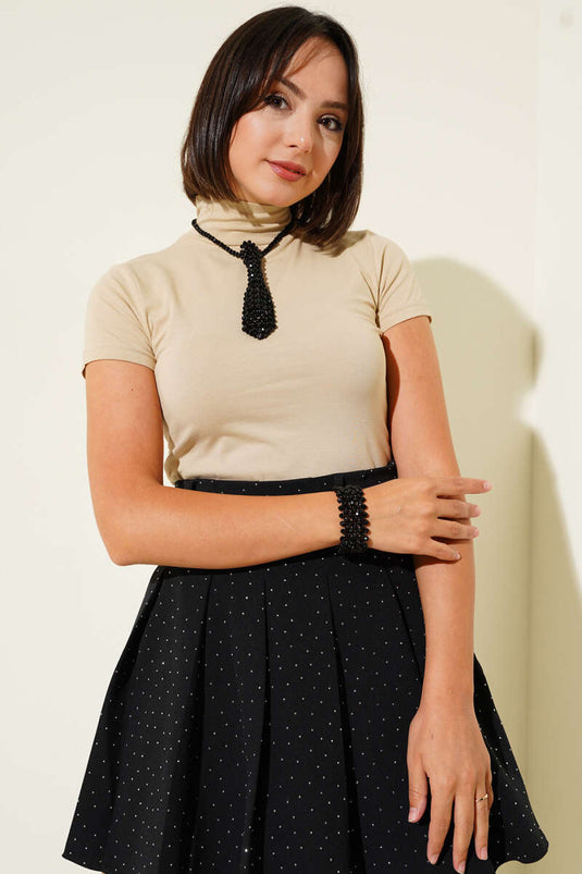 Beige Rollkragen-Body mit kurzen Ärmeln