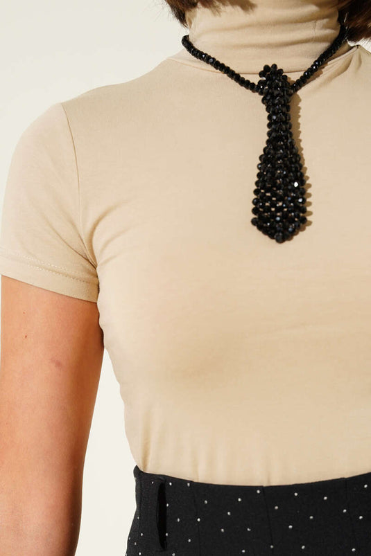 Beige Rollkragen-Body mit kurzen Ärmeln