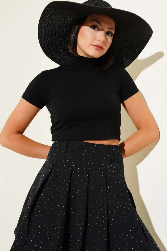 Black Turtleneck Short Sleeve Bodysuit