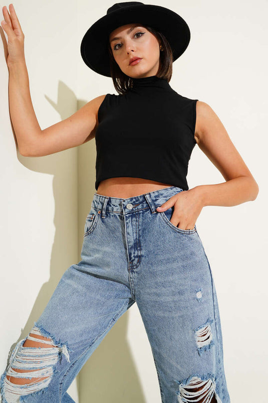 Black Sleeveless Turtleneck Bodysuit