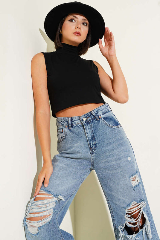 Black Sleeveless Turtleneck Bodysuit