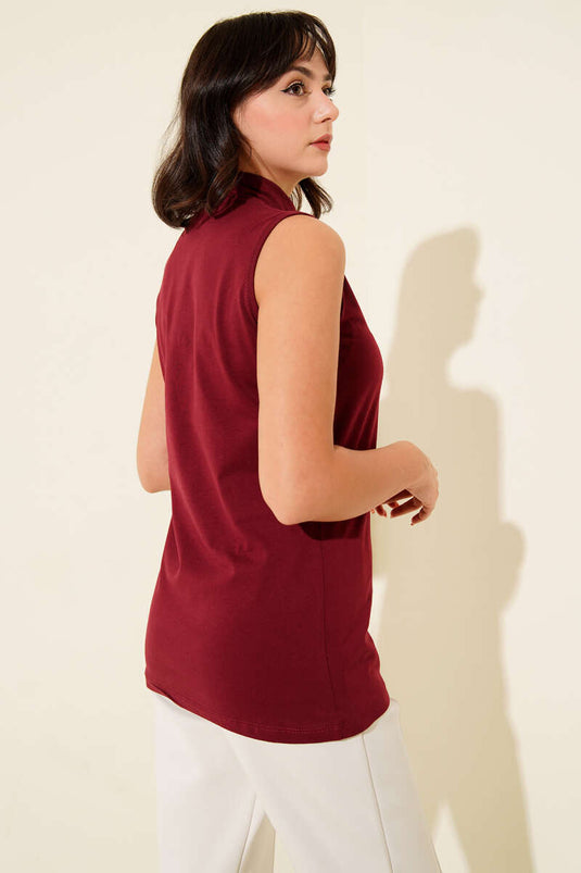 Burgundy Sleeveless Turtleneck Blouse