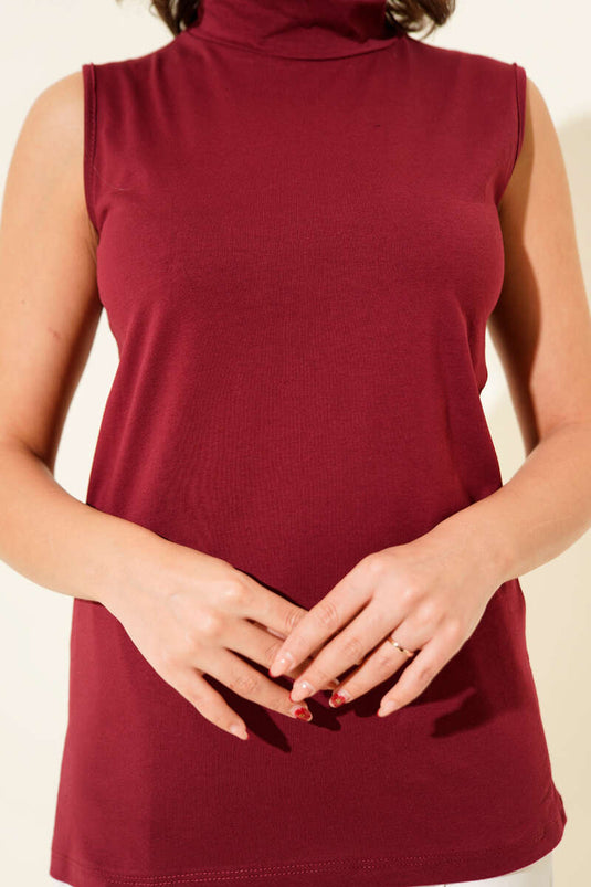 Burgundy Sleeveless Turtleneck Blouse