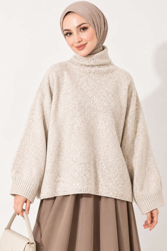 Pull En Maille Oversize À Col Rond Beige