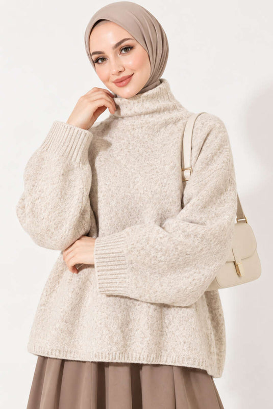 Pull En Maille Oversize À Col Rond Beige