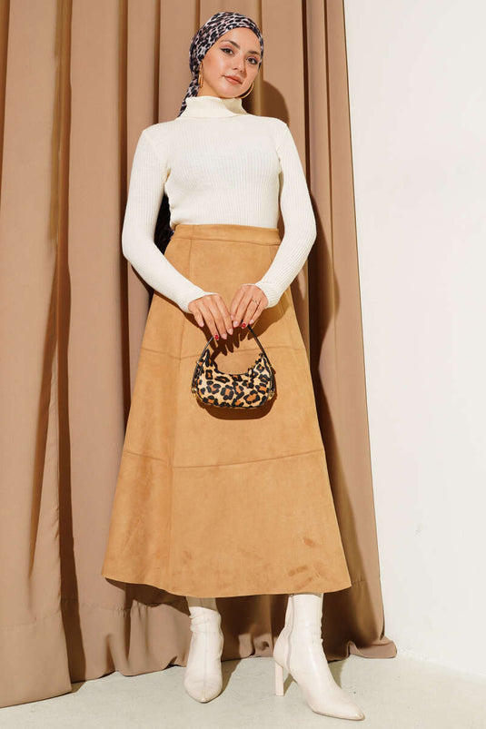 Turtleneck Finger-Tucked Knit Sweater Beige