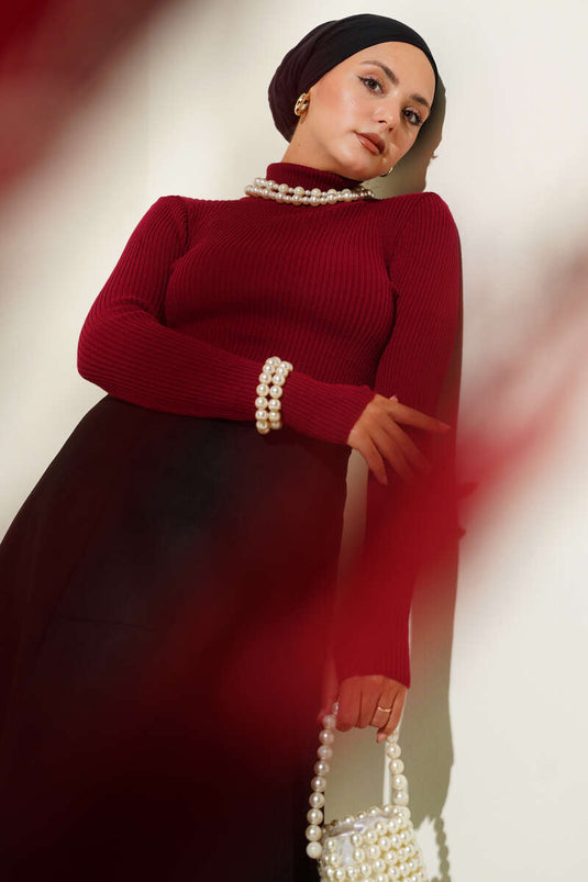 Bordeaux Rollkragen Strickpullover Mit Fingerlos
