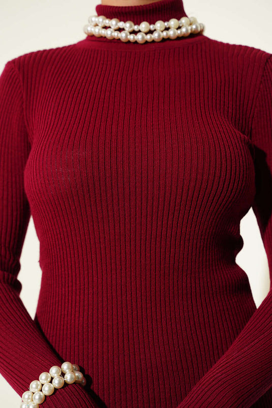 Bordeaux Rollkragen Strickpullover Mit Fingerlos
