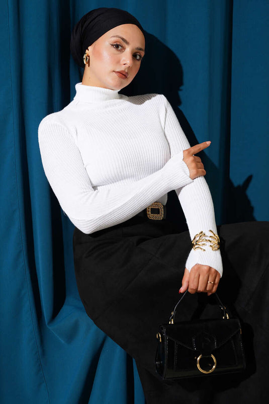 Ecru Rundhals-Strickpullover Ohne Finger