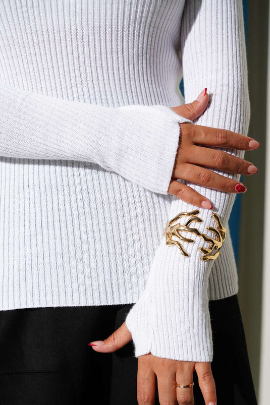 Ecru Rundhals-Strickpullover Ohne Finger