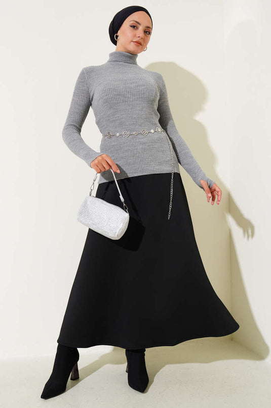 Turtleneck Finger-Tucked Knit Sweater Gray