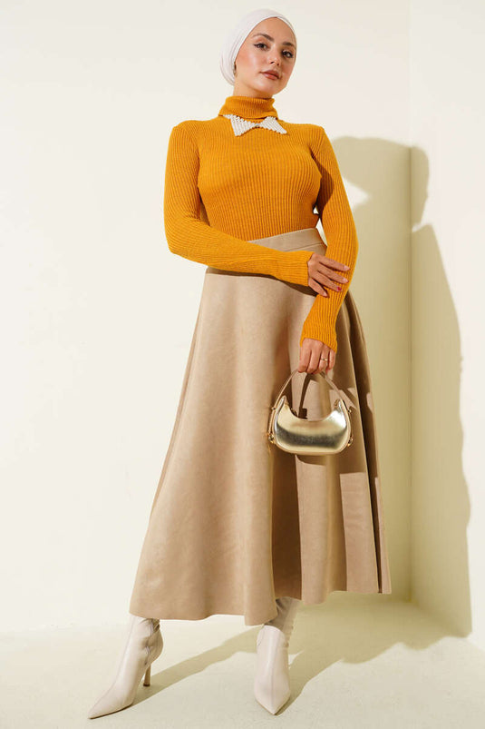 Balıkçı Yaka Parmak Geçirmeli Triko Kazak Hardal