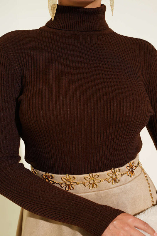 Kaffeefarbener Rundhalsausschnitt Strickpullover