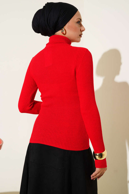 Balıkçı Yaka Parmak Geçirmeli Triko Kazak Kırmızı
