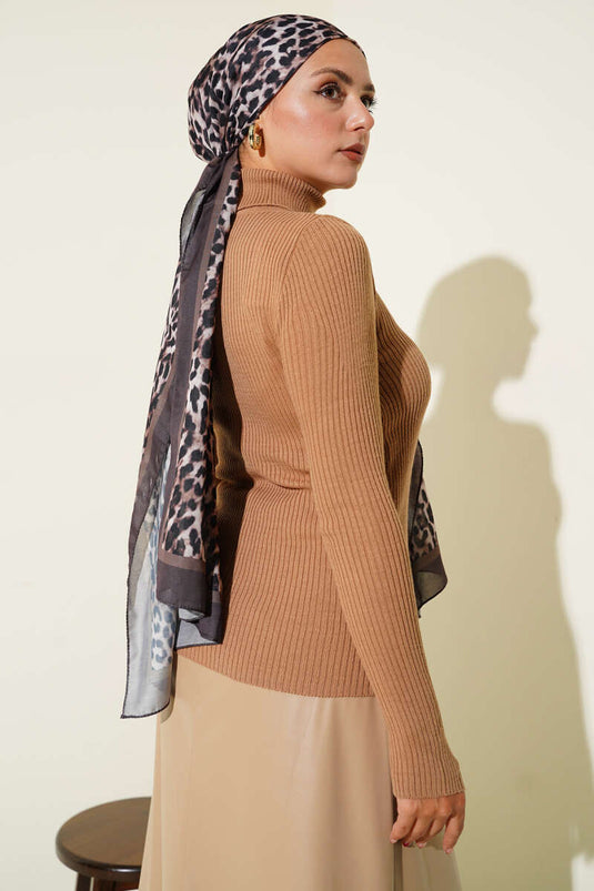 Balıkçı Yaka Parmak Geçirmeli Triko Kazak Latte