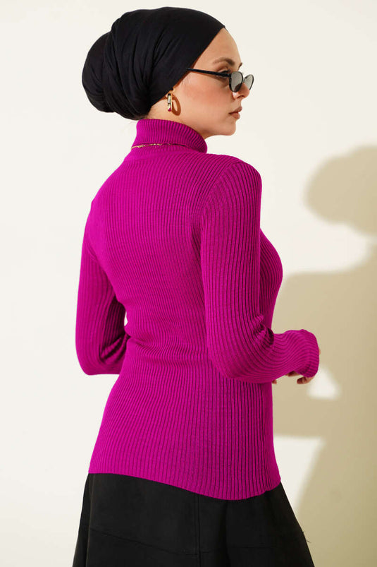 Balıkçı Yaka Parmak Geçirmeli Triko Kazak Mor