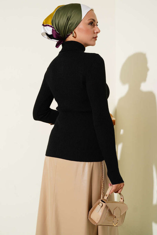 Schwarzer Rundhals-Strickpullover Mit Fingerlos