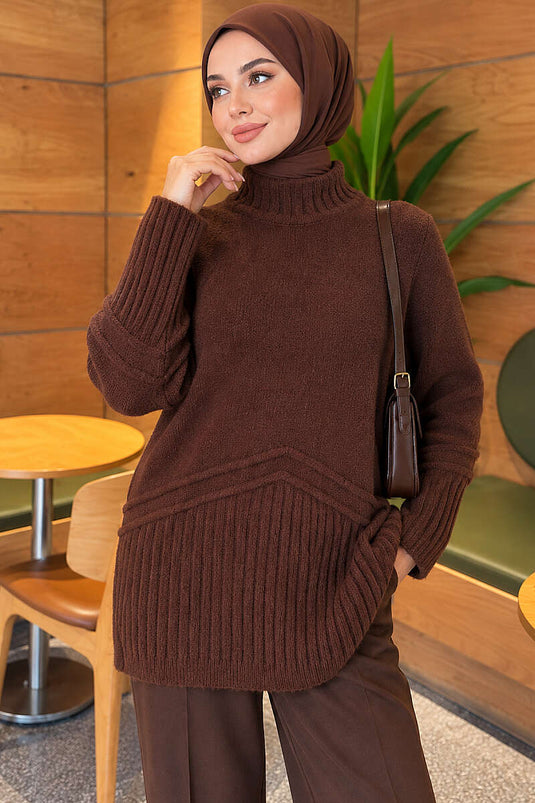 Kaffeefarbene Rundhals-Stricktunika