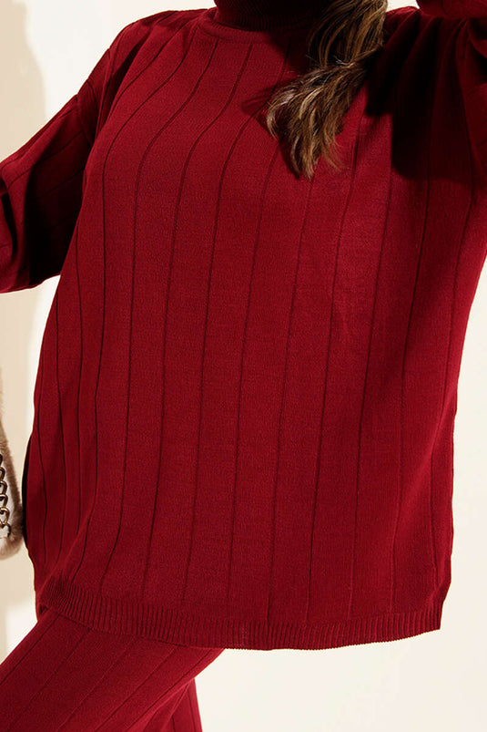 طقم من قطعتين محبوك بياقة صياد، لون عنابي