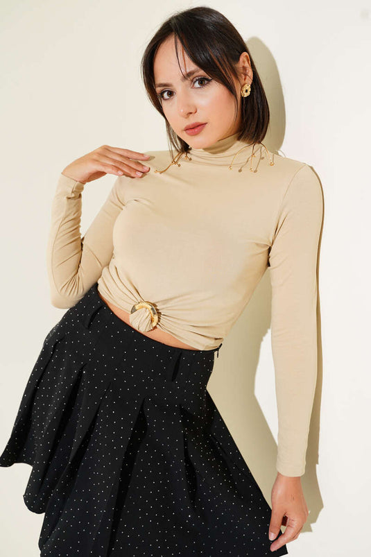 Turtleneck Long Sleeve Bodysuit Beige