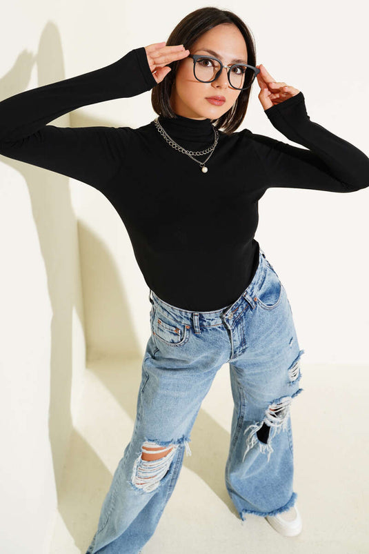 Black Turtleneck Long Sleeve Bodysuit
