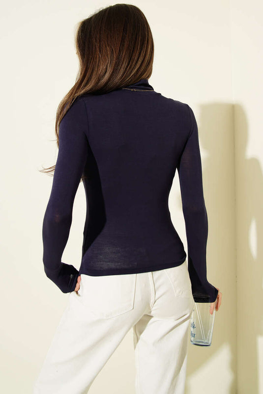 Balıkçı Yaka Uzun Kol Düz Body Lacivert