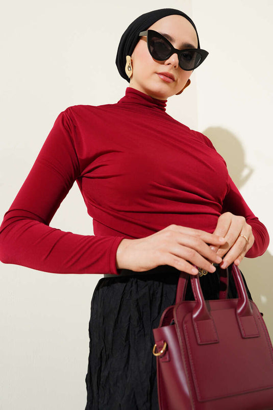 Turtleneck Sandy Blouse with Side Gathering, Burgundy